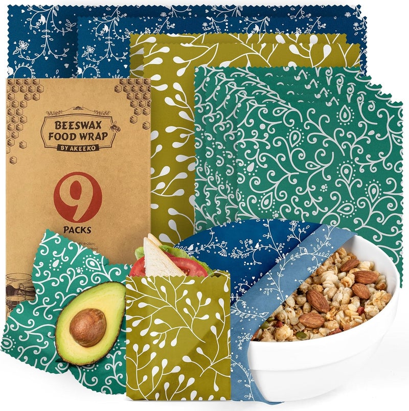 Akeeko Reusable Beeswax Food Wraps - Assorted 9 Packs, Reusable, Plastic-Free Food Storage, 5 Small, 2 Medium, 1 Large, 1 Extra Large Wraps with Abstract Curves Pattern - Image 1
